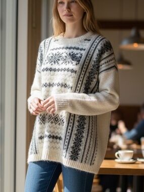 CAbi #4410 Chalet Fair-Isle Pullover Sweater Cozy Ivory & Charcoal size Medium